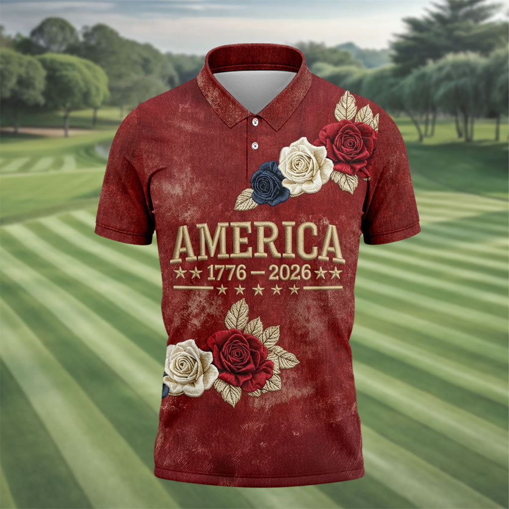 America 1776-2026 Patriotic Roses Vintage Golf Shirt, 250 Years 4th Of July Golf Shirts For Men