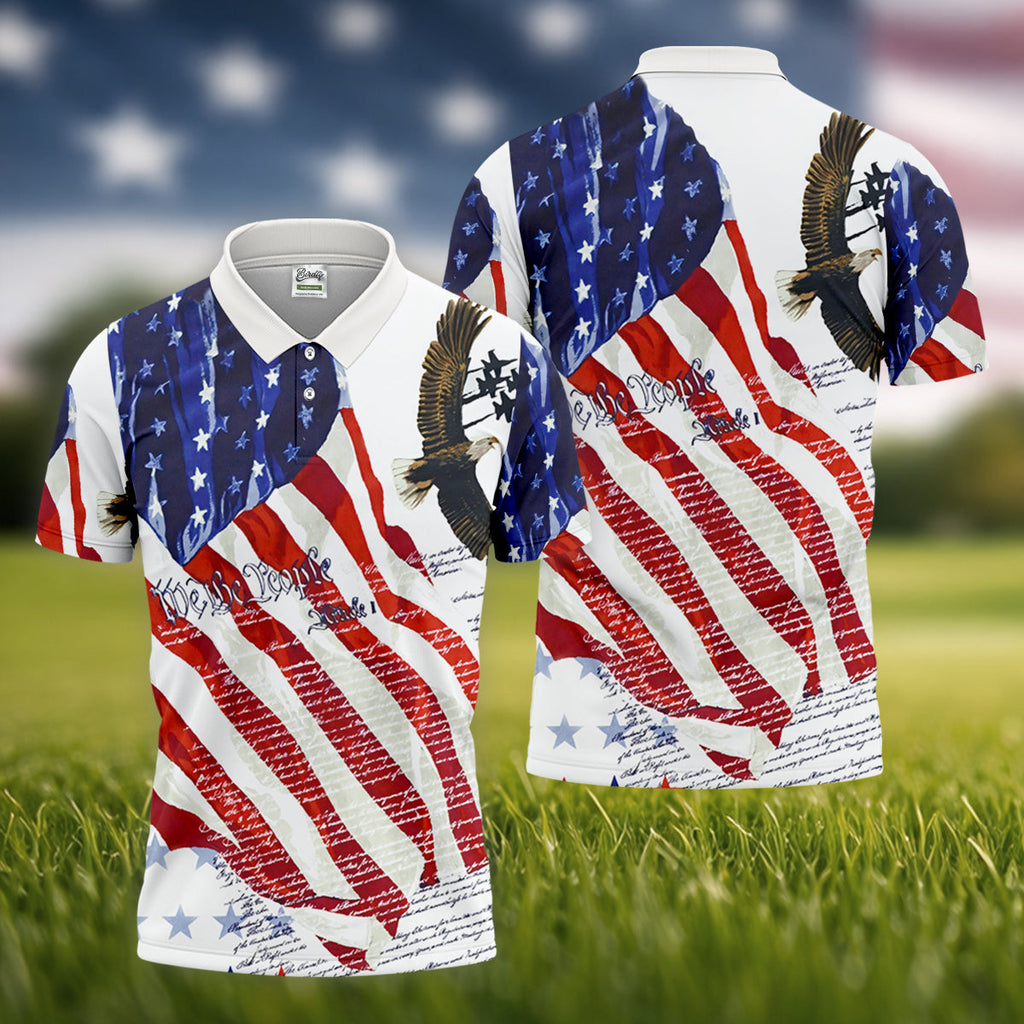 We The People Bald Eagle American Flag Golf Tops For Men, 250th Anniversary Patriotic Golf Shirt