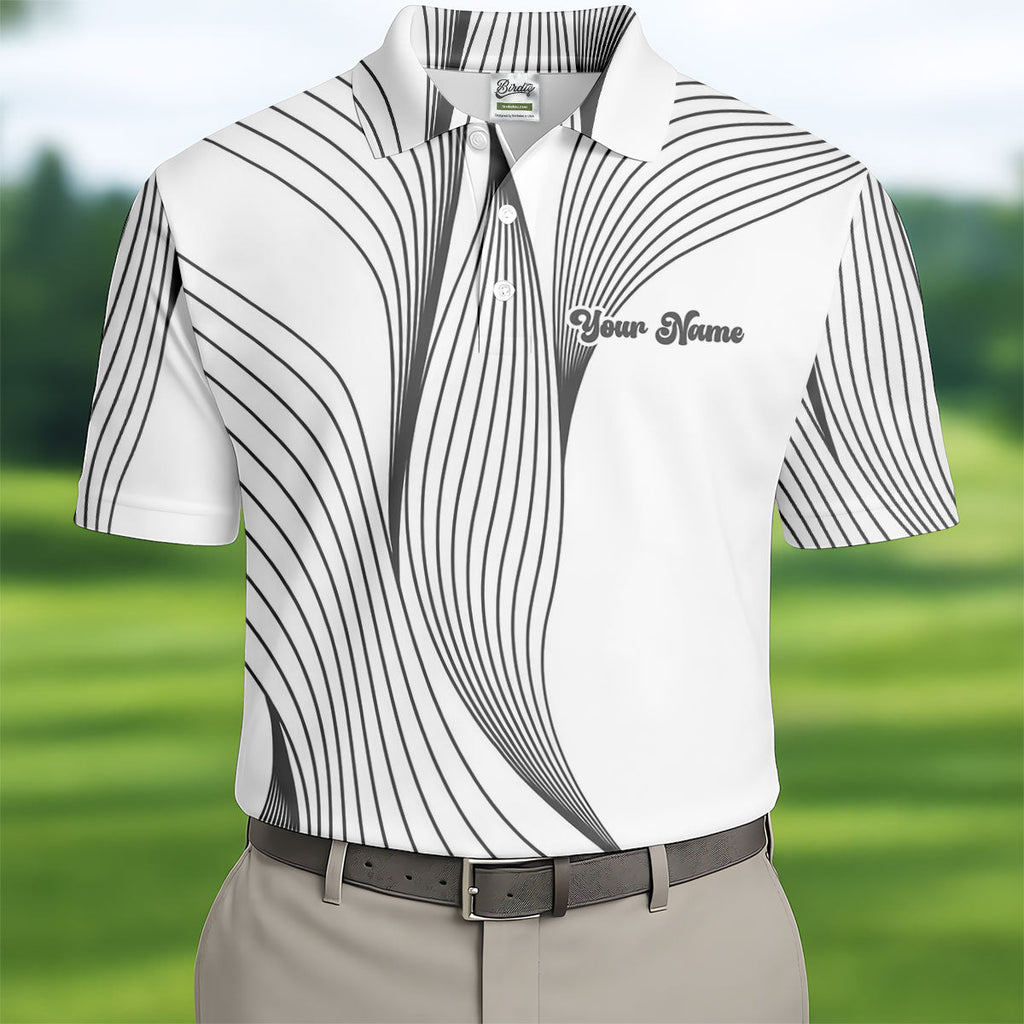 Geometric Line Wavy Line Black And White Custom Name Golf Shirts For Men, Men's Golf Shirt, Polo Shirts For Men
