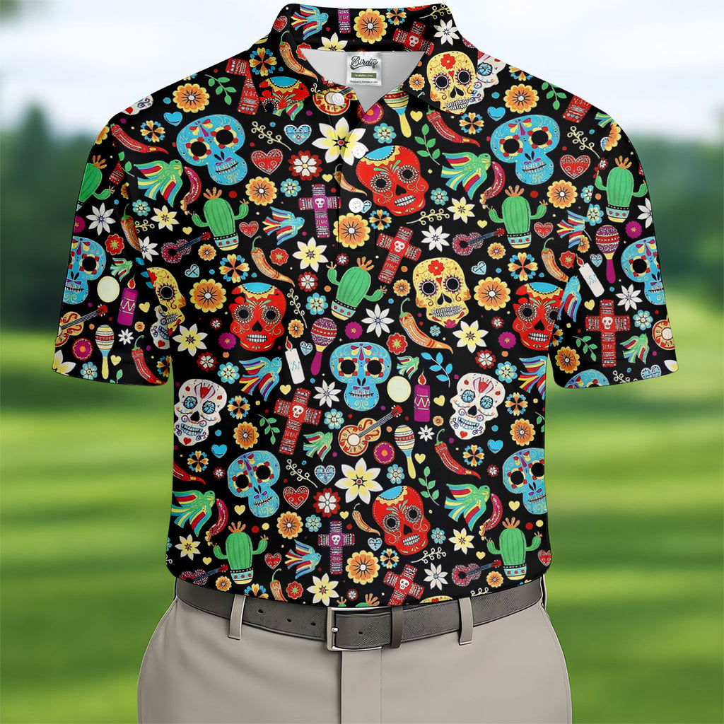 Skull With Flowers Cinco De Mayo Celebration Fiesta Themed Golf Tops For Men, Golf Shirts For Men
