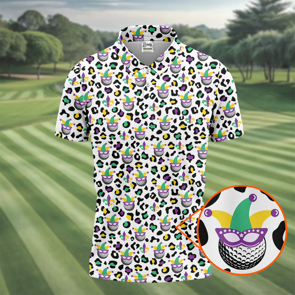 Mardi Gras Mask Leopard Spots Funny Golf Ball Golf Tops For Men, Polo ShirtFor Men, Golf Shirts For Men