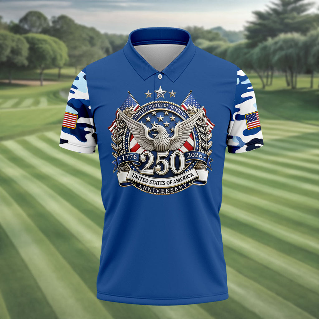 Patriotic Bald Eagle Blue And White Camo Blue Golf Shirt, 250th Anniversary Golf Shirts For Men