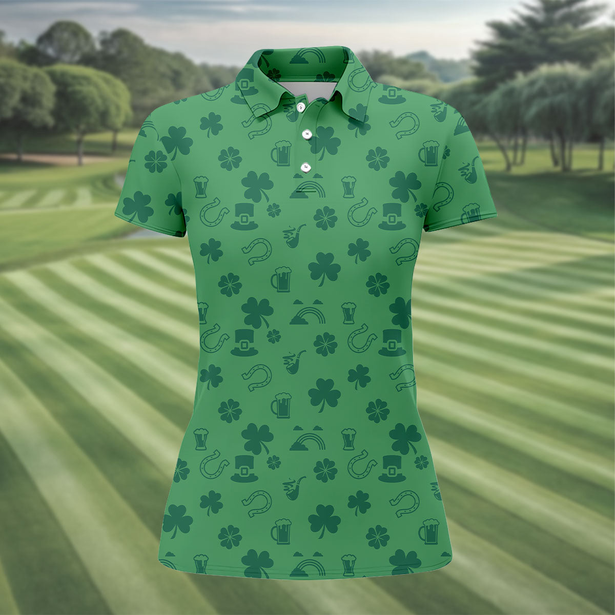Leprechaun Hat Shamrock Beer Dark Green Seamless Pattern St. Patrick’s Day Golf Shirt, Women's Golf Tops