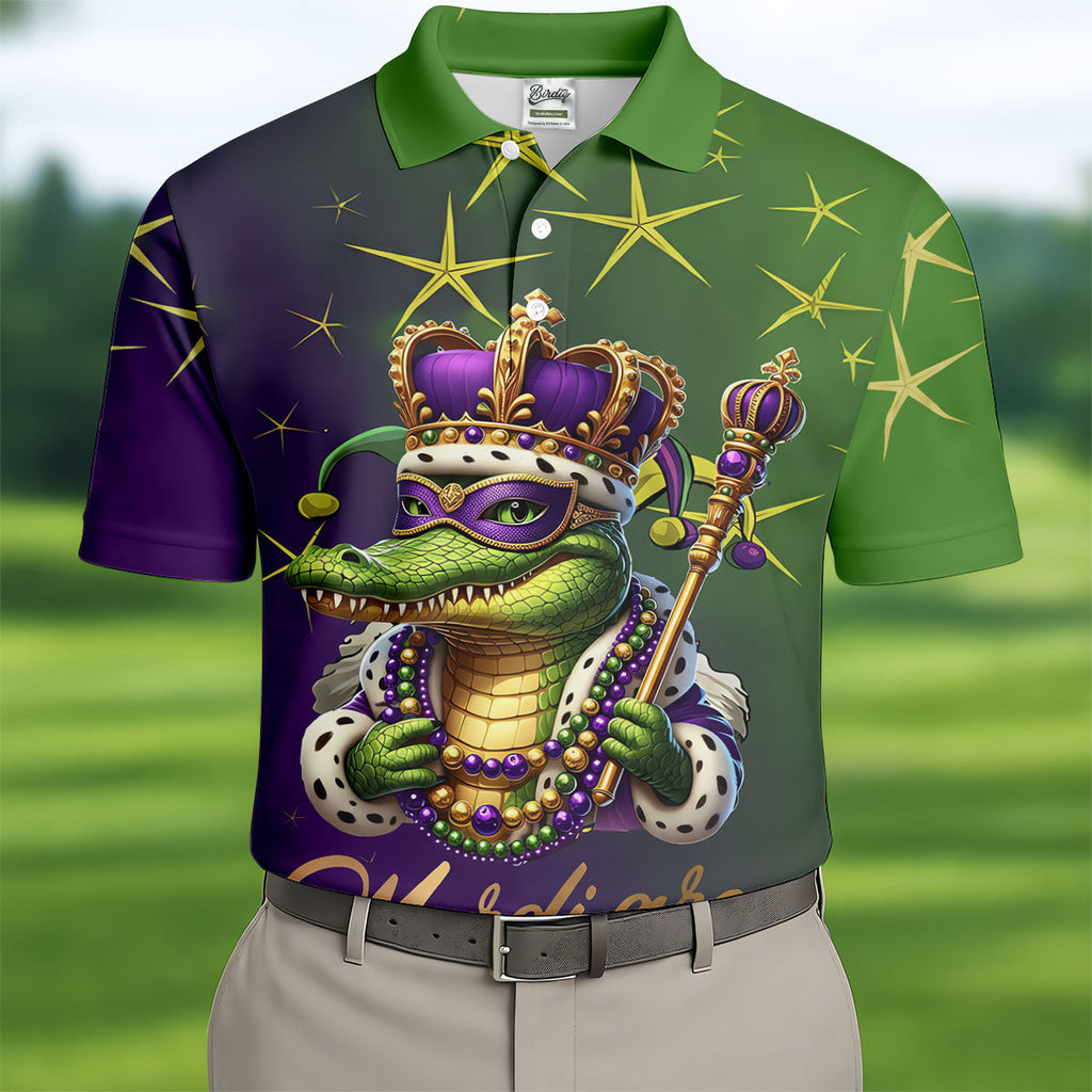 Mardi Gras Aligator Crown Mask Purple Green Gold Golf Tops For Men, Polo Shirts For Men, Golf Shirts For Men
