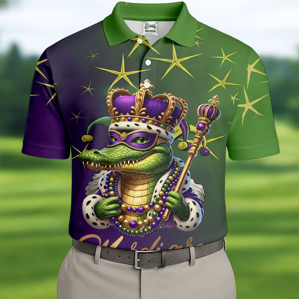 Mardi Gras Aligator Crown Mask Purple Green Gold Golf Tops For Men, Polo Shirts For Men, Golf Shirts For Men