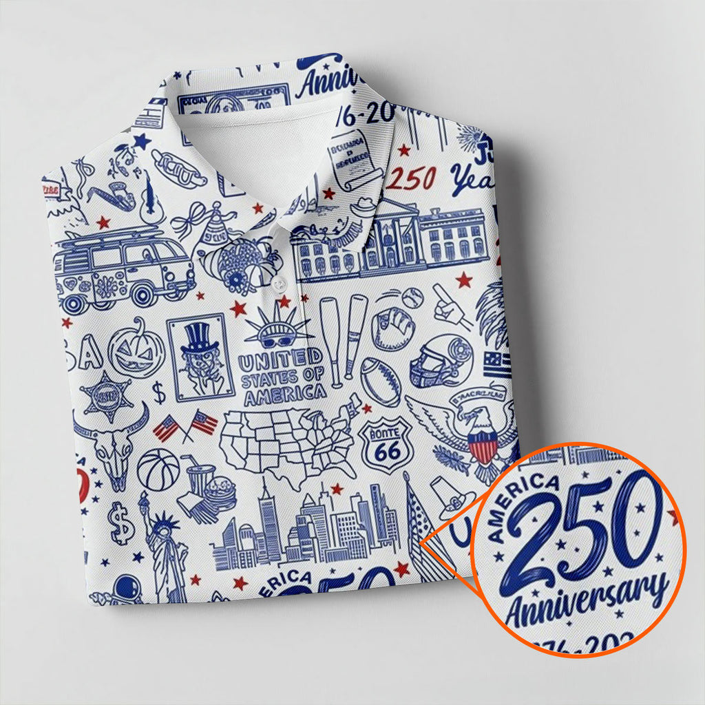 America 250 Anniversary US Symbols Doodle Pattern Patriotic Golf Shirt, 4th Of July Golf Shirts For Men