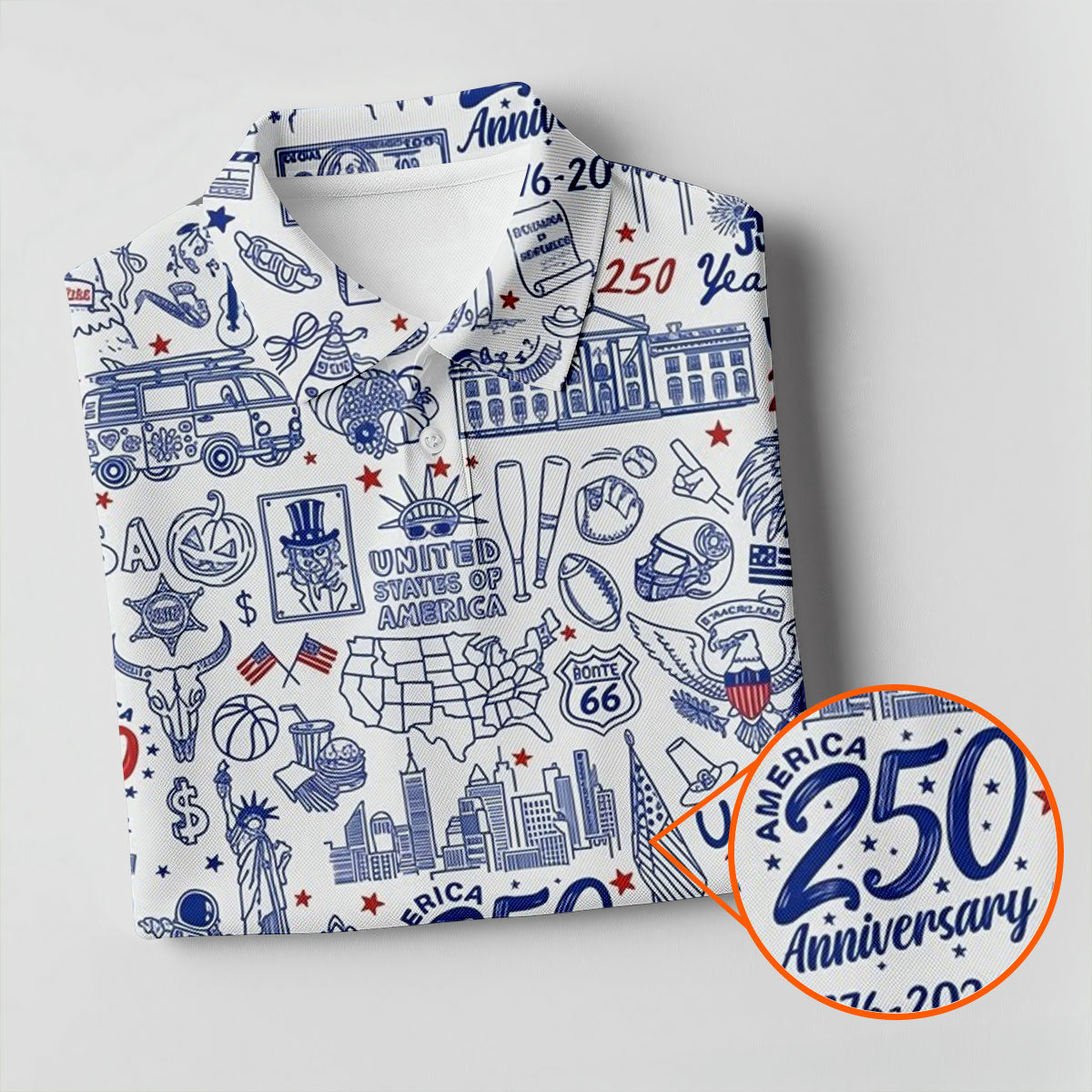 America 250 Anniversary US Symbols Doodle Pattern Patriotic Golf Shirt, 4th Of July Golf Shirts For Men