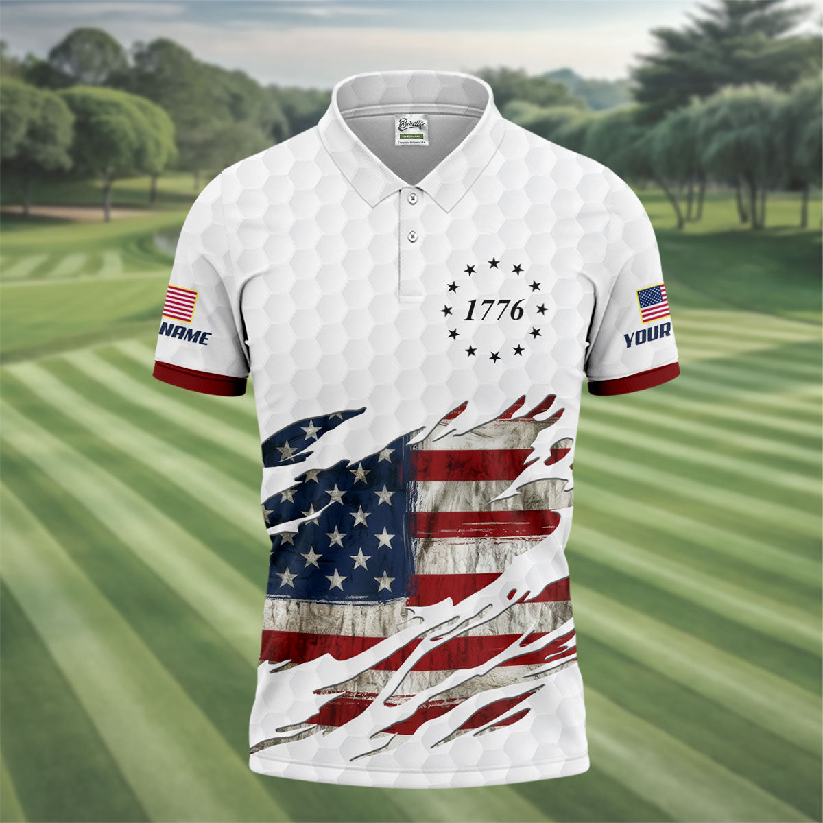 American Flag 1776 Golf Ball Pattern Golf Shirts For Men, 250th Anniversary Polo Shirts For Men