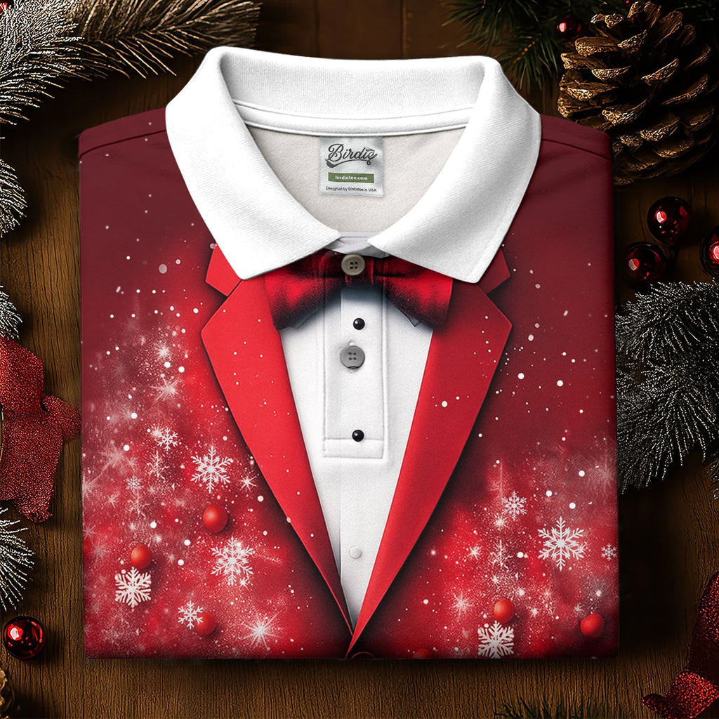 Black And Red Christmas Glitter Print Men's Golf Polo Shirts, Christmas Golf Shirt, Golf Gift For Men