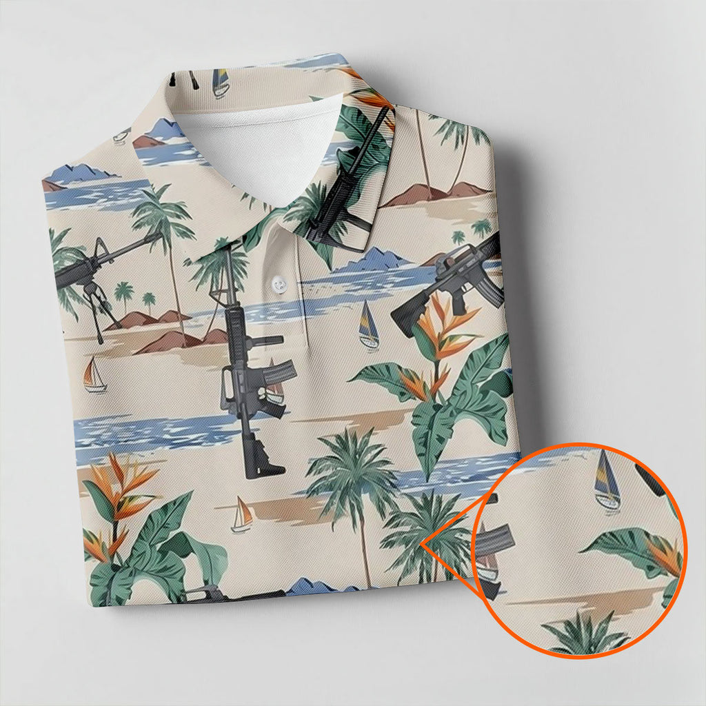 Hawaiian Palm Tree With Army Theme Golf Shirts For Men, Polo Shirts For Men, Golfing Apparel