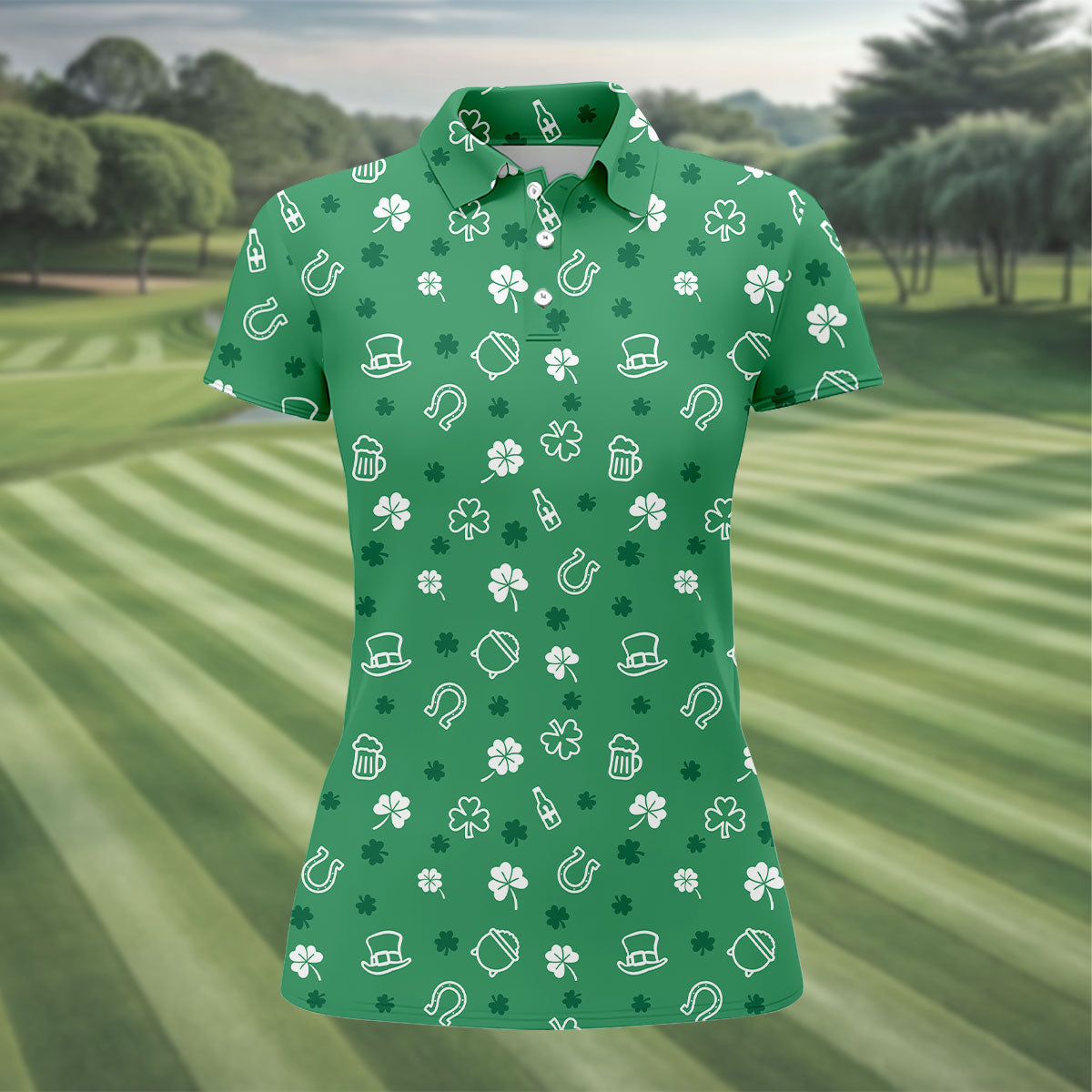 Leprechaun Hat Shamrock Beer Seamless Pattern St. Patrick’s Day Golf Shirt, Women's Golf Tops, Ladies Golf Polos