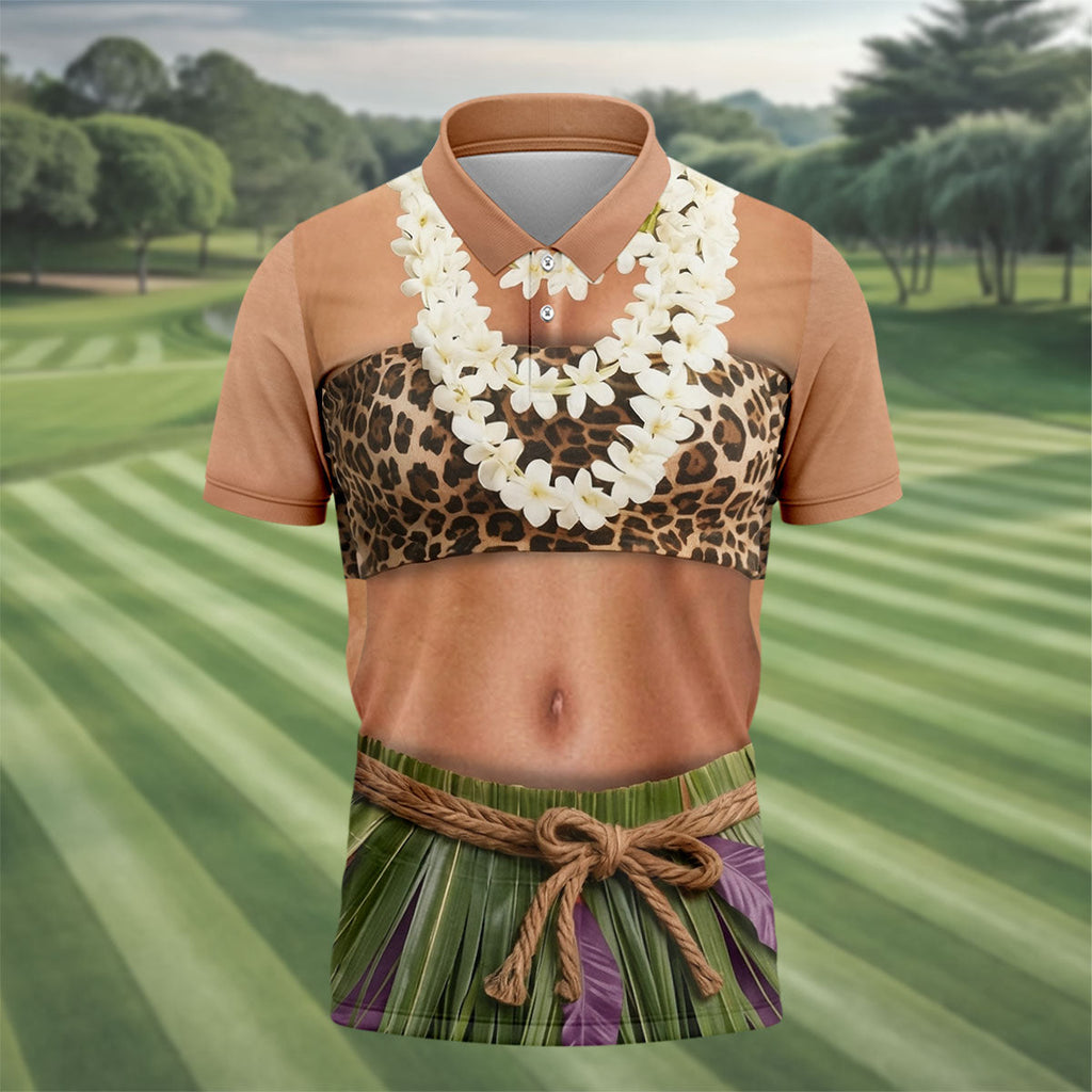 Floral Lei Tropical Theme Party Leopard Print Hawaiian Golf Shirt, Polo Shirts For Men
