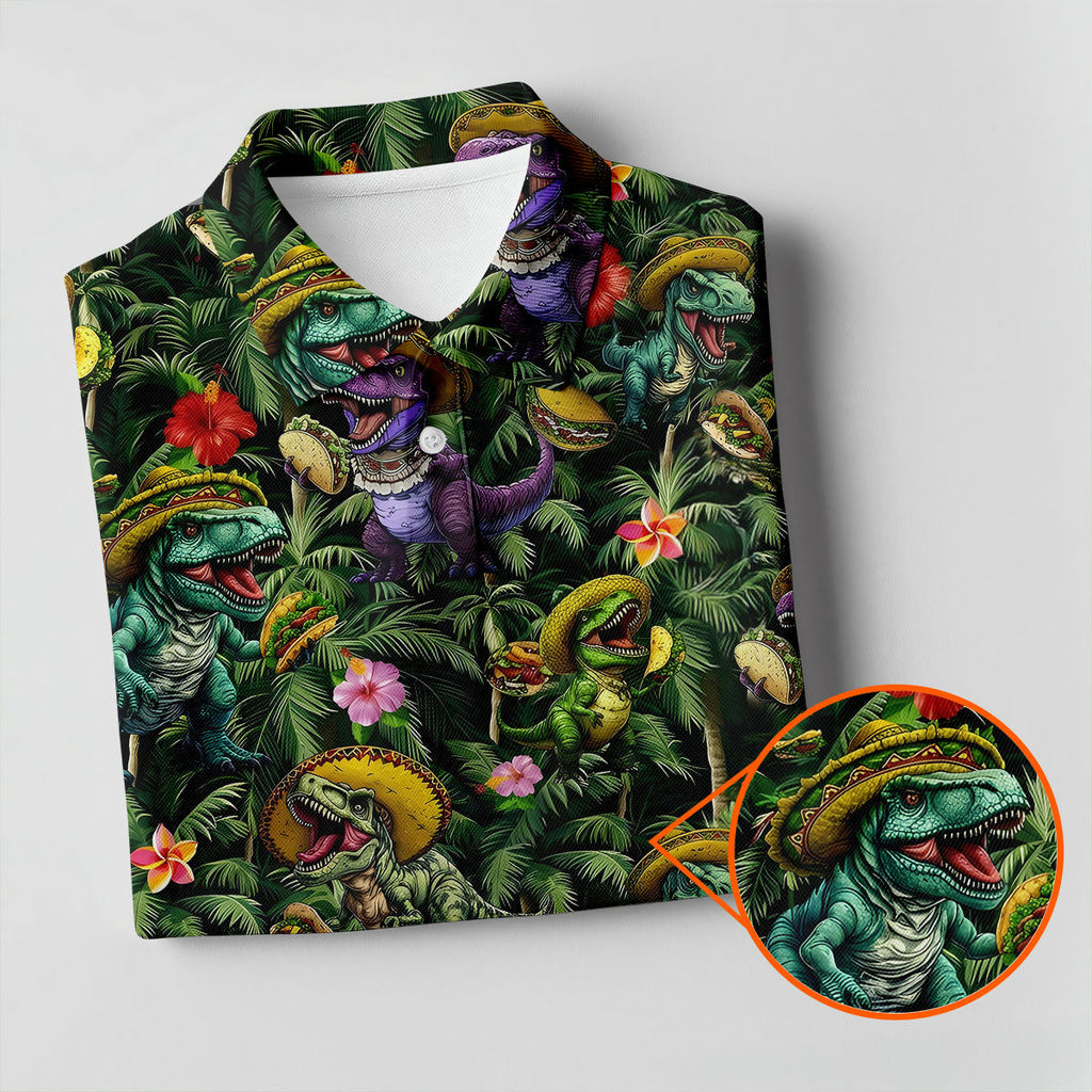Hawaiian Dinosaur Sombreros Tacos Fun Golf Shirt, Cinco De Mayo Celebration Golf Shirts For Men