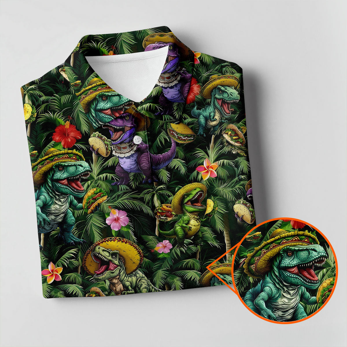 Hawaiian Dinosaur Sombreros Tacos Fun Golf Shirt, Cinco De Mayo Celebration Golf Shirts For Men