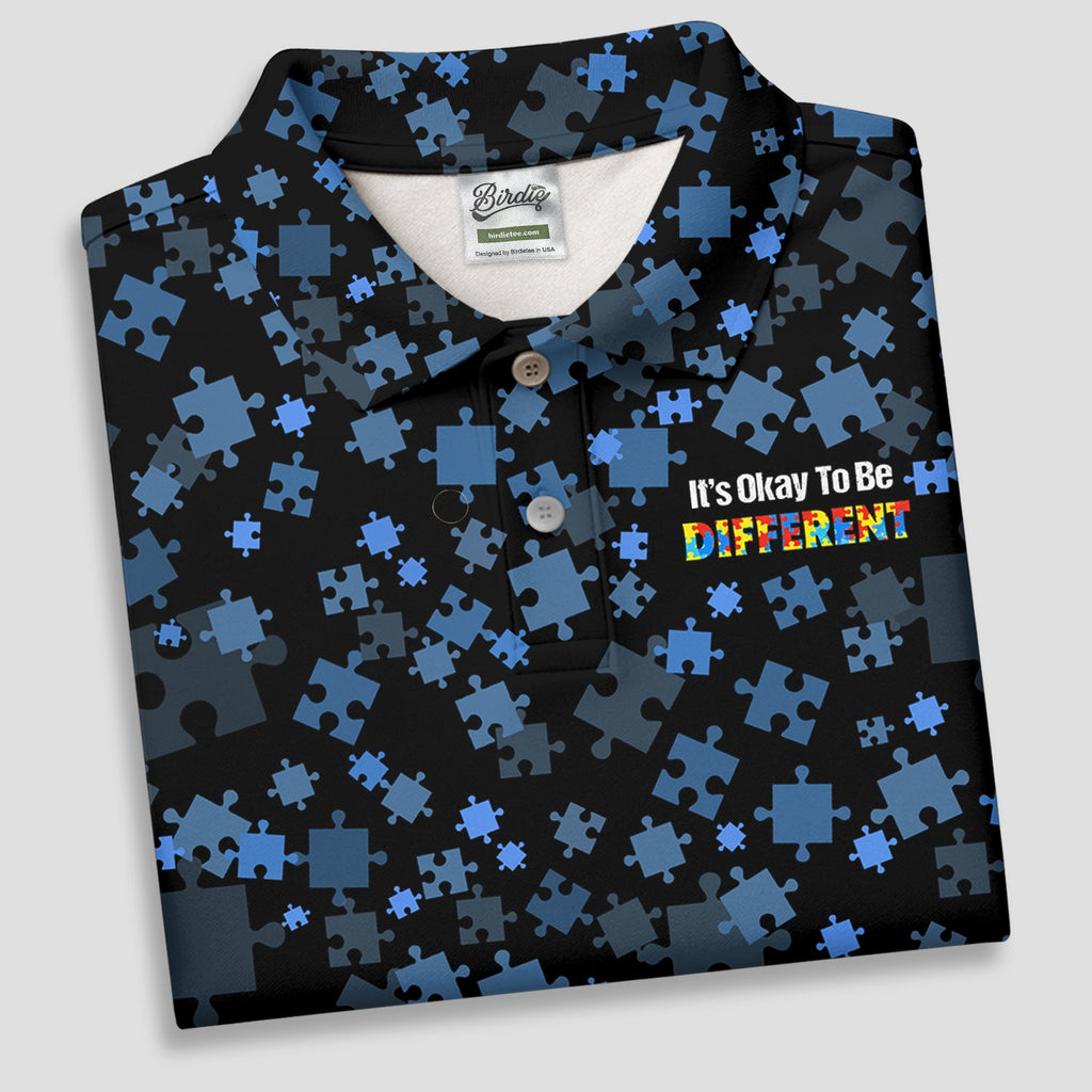 It's Okay To Be Different Autism Awareness Black And Blue Puzzle Pattern Golf Tops For Men, Polo Shirts For Men