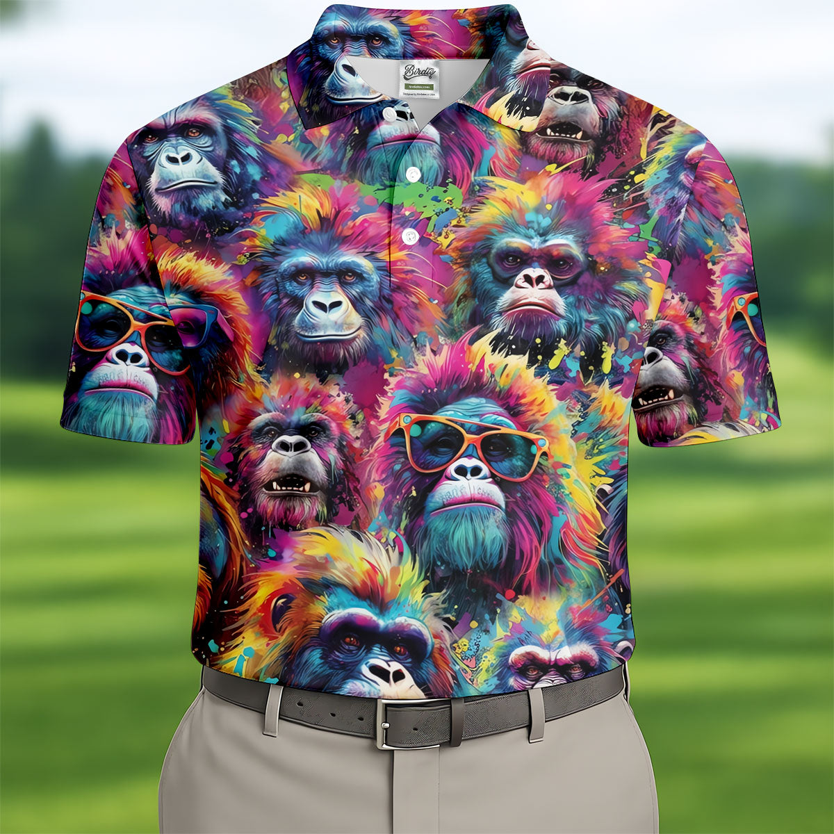 Street Art Style Cool Gorilla Hawaiian Golf Shirt, Tropical Theme Golf Shirts For Men