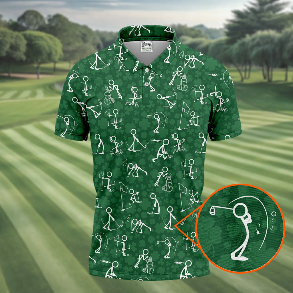 Stick Figure Golf Pose Shamrock Golf Shirt, St Patrick's Day Golf Tops For Men, Polo ShirtFor Men