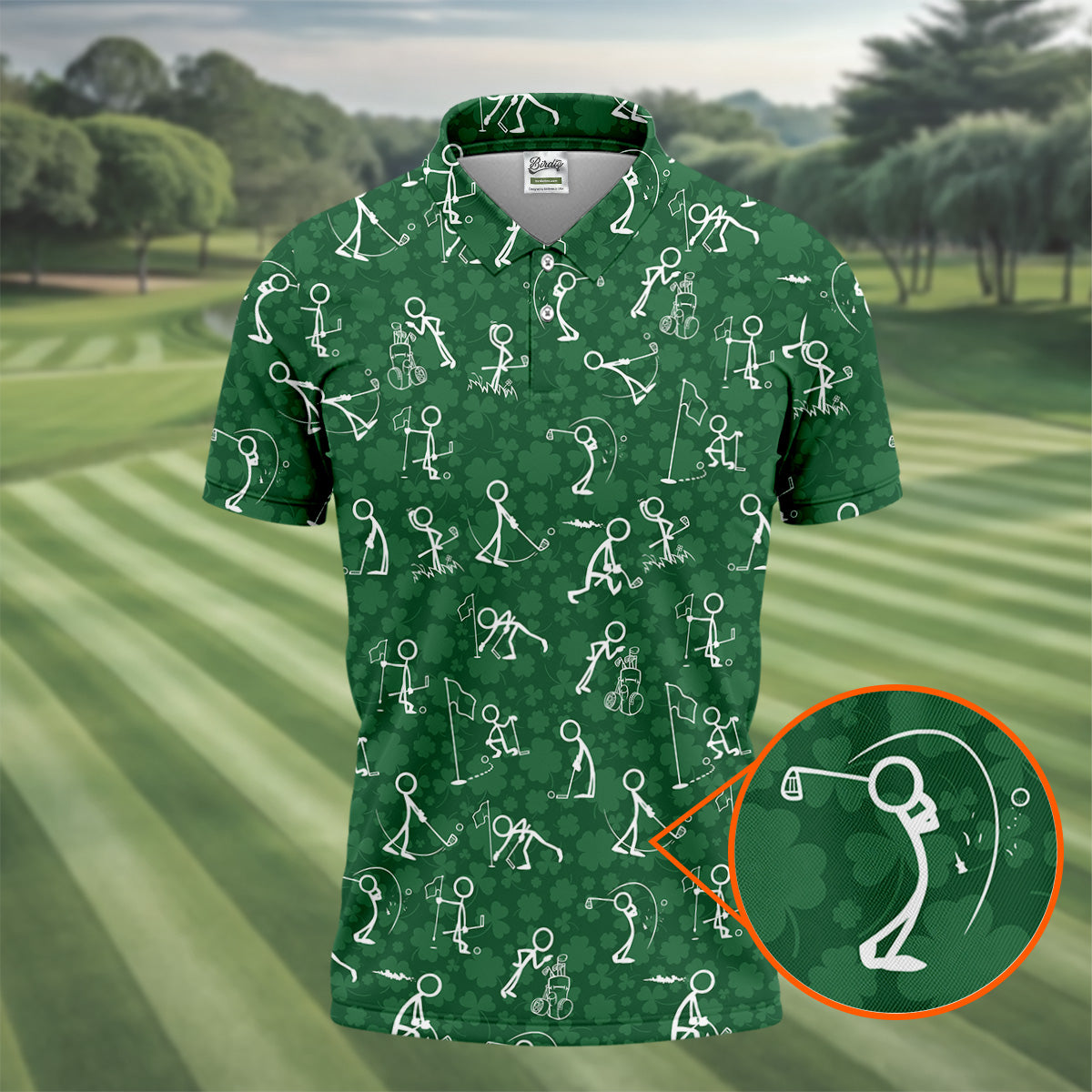 Stick Figure Golf Pose Shamrock Golf Shirt, St Patrick's Day Golf Tops For Men, Polo ShirtFor Men