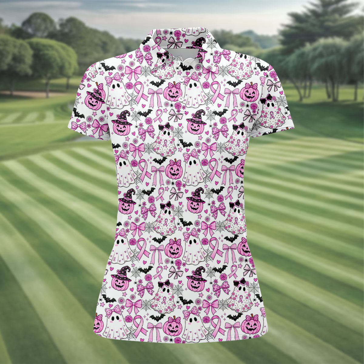 Pink Breast Cancer Witch Halloween Golf Polo Shirt, Womens Golf Polo, Golf Shirts For Women