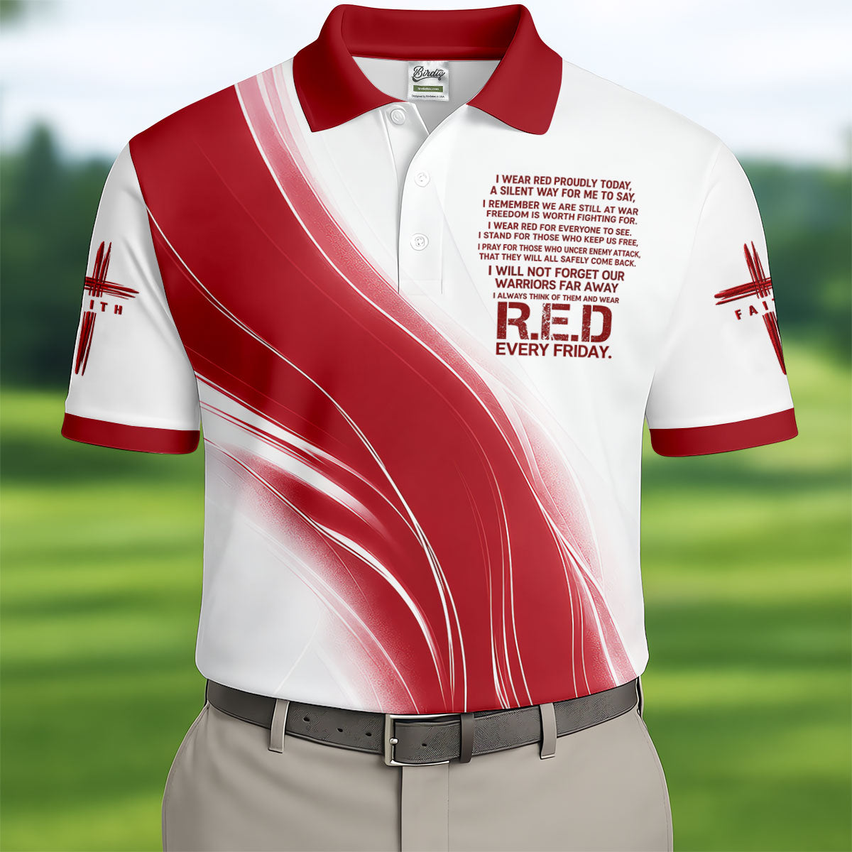 Red Friday Faith Cross Red White Gradient Patriotic Golf Shirt, 250 Years Polo Shirts For Men