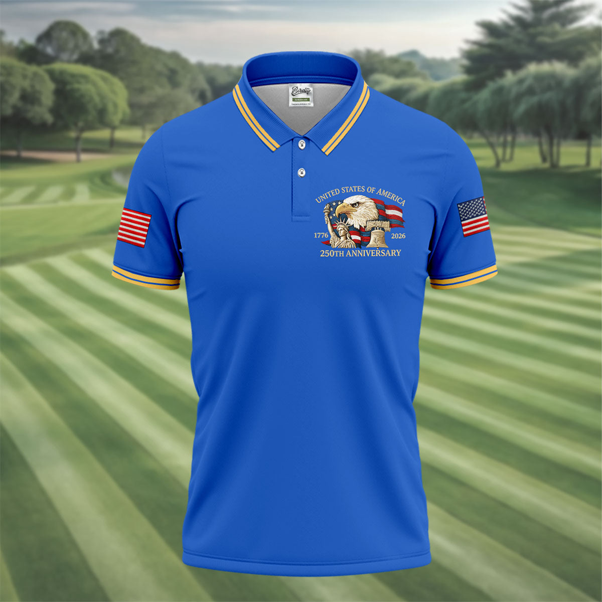 Bald Eagle American Flag 250 Years Blue Golf Shirt, Patriotic 4th Of July Golf Shirts For Men