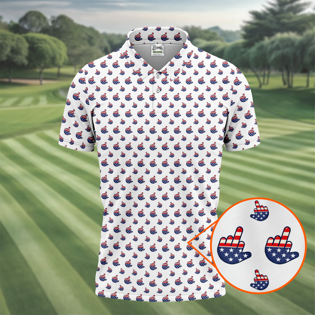 Funny Middle finger US Flag Pattern 250th Anniversary White Golf Shirt, 4th Of July Golf Shirts For Men