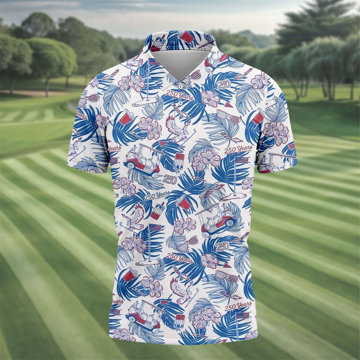 250 Years Red White Blue Tropical Floral Patriotic Golf Shirt, 4th Of July Golf Shirts For Men