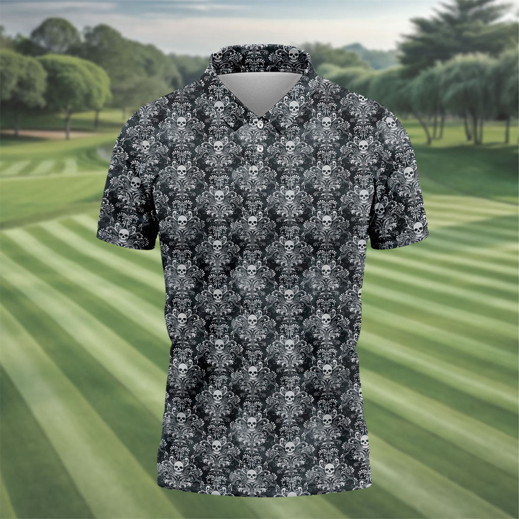 Skull Damask Charcoal Grey Gothic Floral Golf Tops For Men, Polo Shirts For Men, Golf Shirts For Men