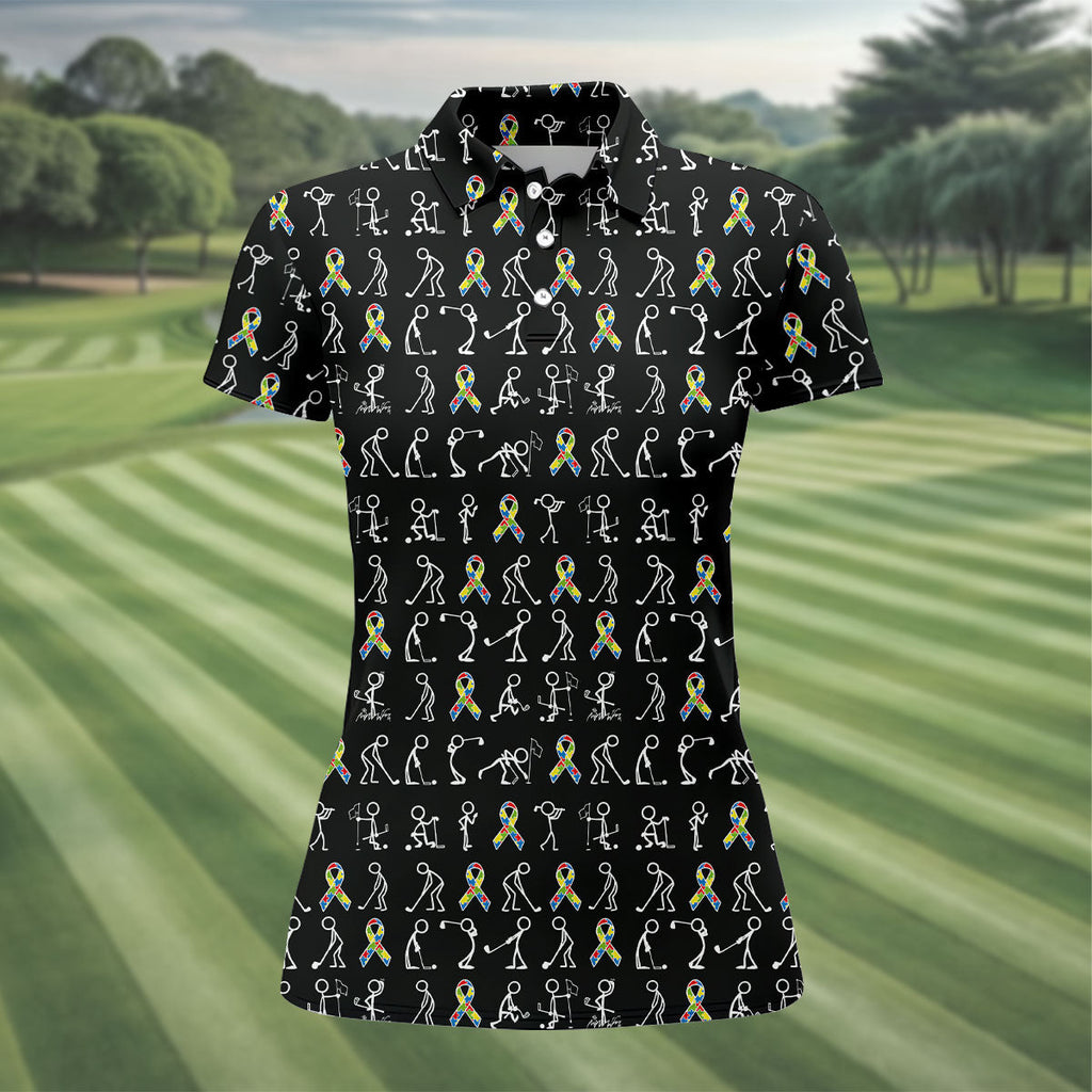Stick Figure Golf Pose Autism Ribbon Black Golf Shirt, Autism Awareness Colors Ladies Golf Polos