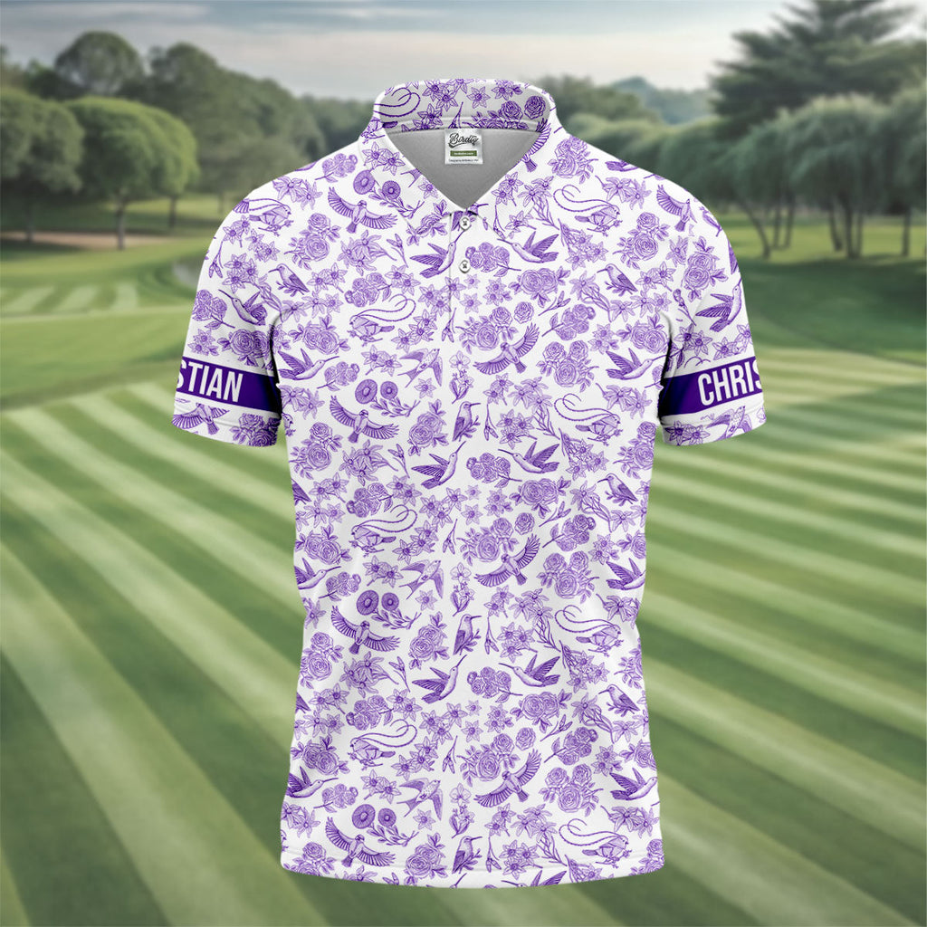 Custom Name Toile de Jouy Birds And Flowers Purple And White Polo Shirts For Men, Golf Gift For Men