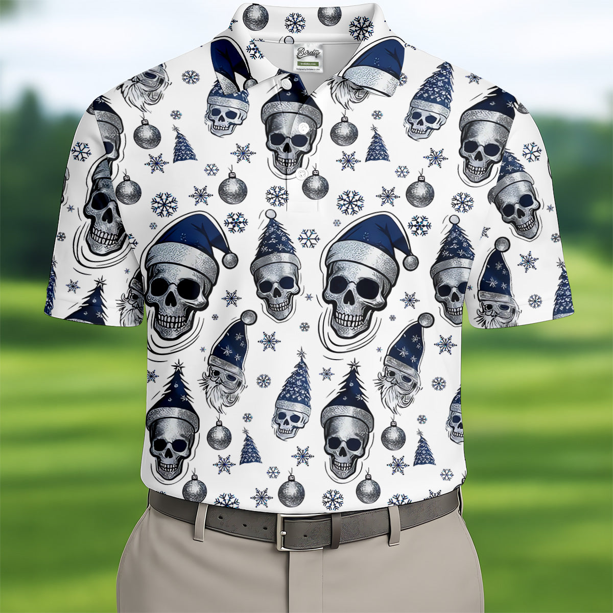 Vintage Skull Christmas Golf Shirt, White Polo Shirt Mens, Cool Golf Gift, Golf Shirts For Men