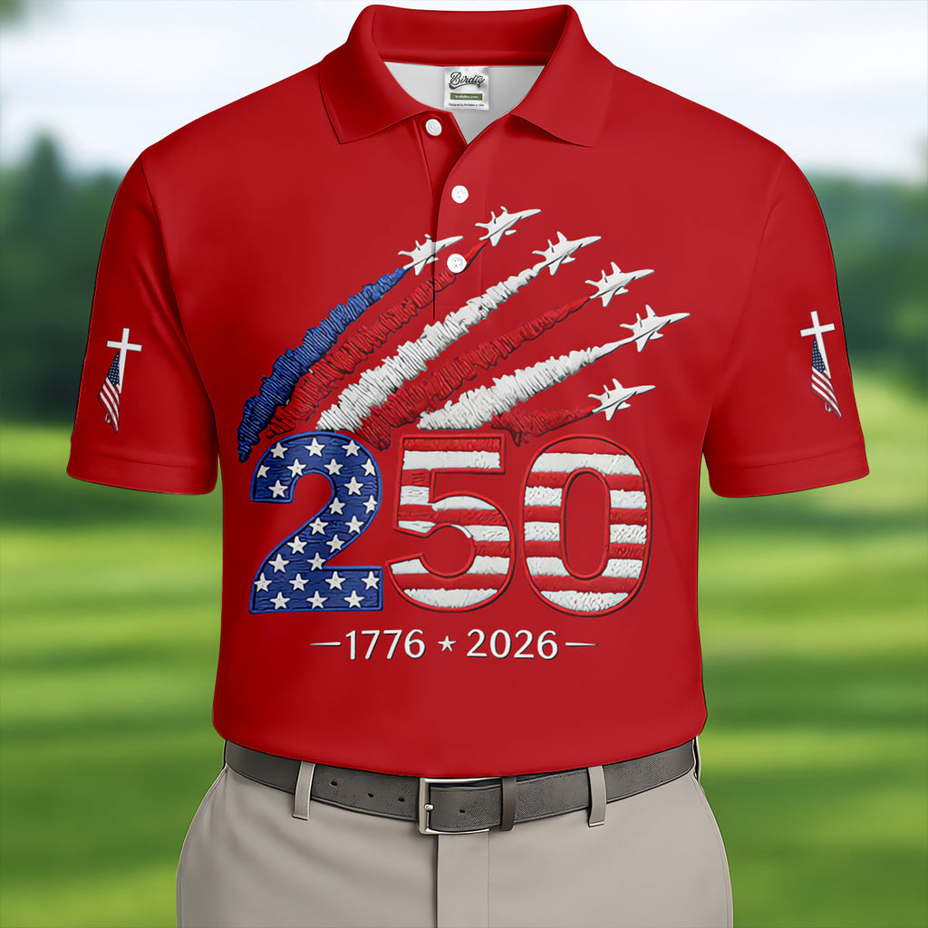 Flying Fighter Jets Faith Cross Patriotic 4th Of July Red Golf Shirt, 250 Years Golf Shirts For Men