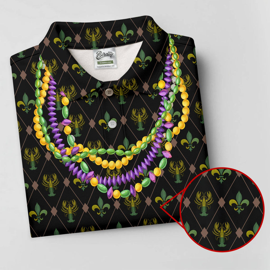 Mardi Gras Purple Green Gold Beads Chain Fleur De Lis Argyle Pattern Black Golf Shirt, Men's Golf Polo Shirts