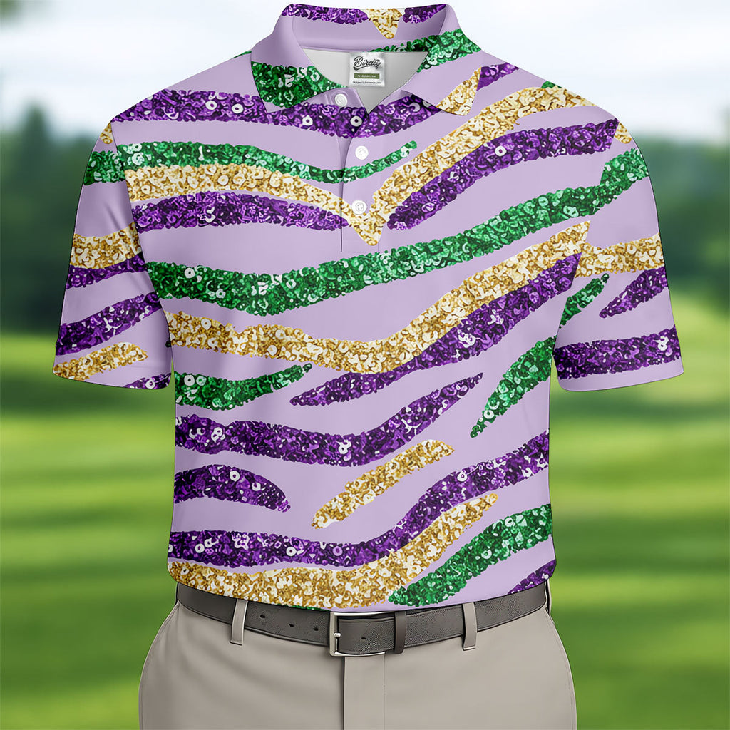 Purple Green Gold Sequin Pattern Light Purple Mardi Gras Golf Shirt, Polo Shirts For Men, Golf Shirts For Men