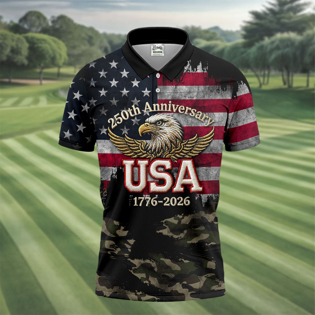 250th Anniversary Camo Golf Shirt, Distressed US Flag Patriotic 4th Of July Golf Shirts For Men