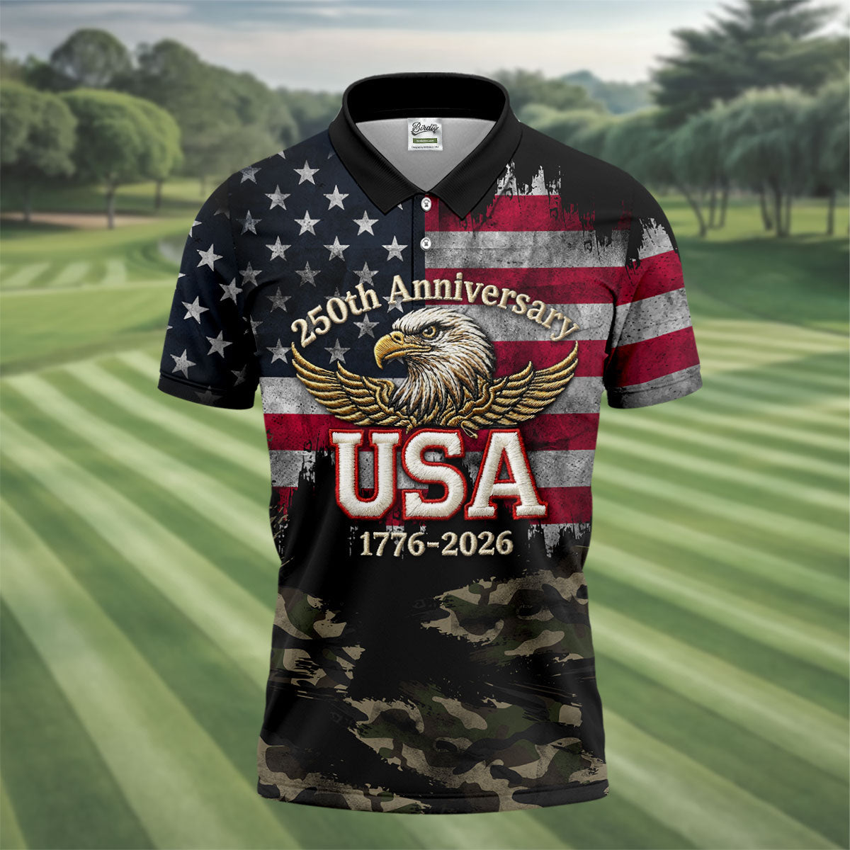 250th Anniversary Camo Golf Shirt, Distressed US Flag Patriotic 4th Of July Golf Shirts For Men
