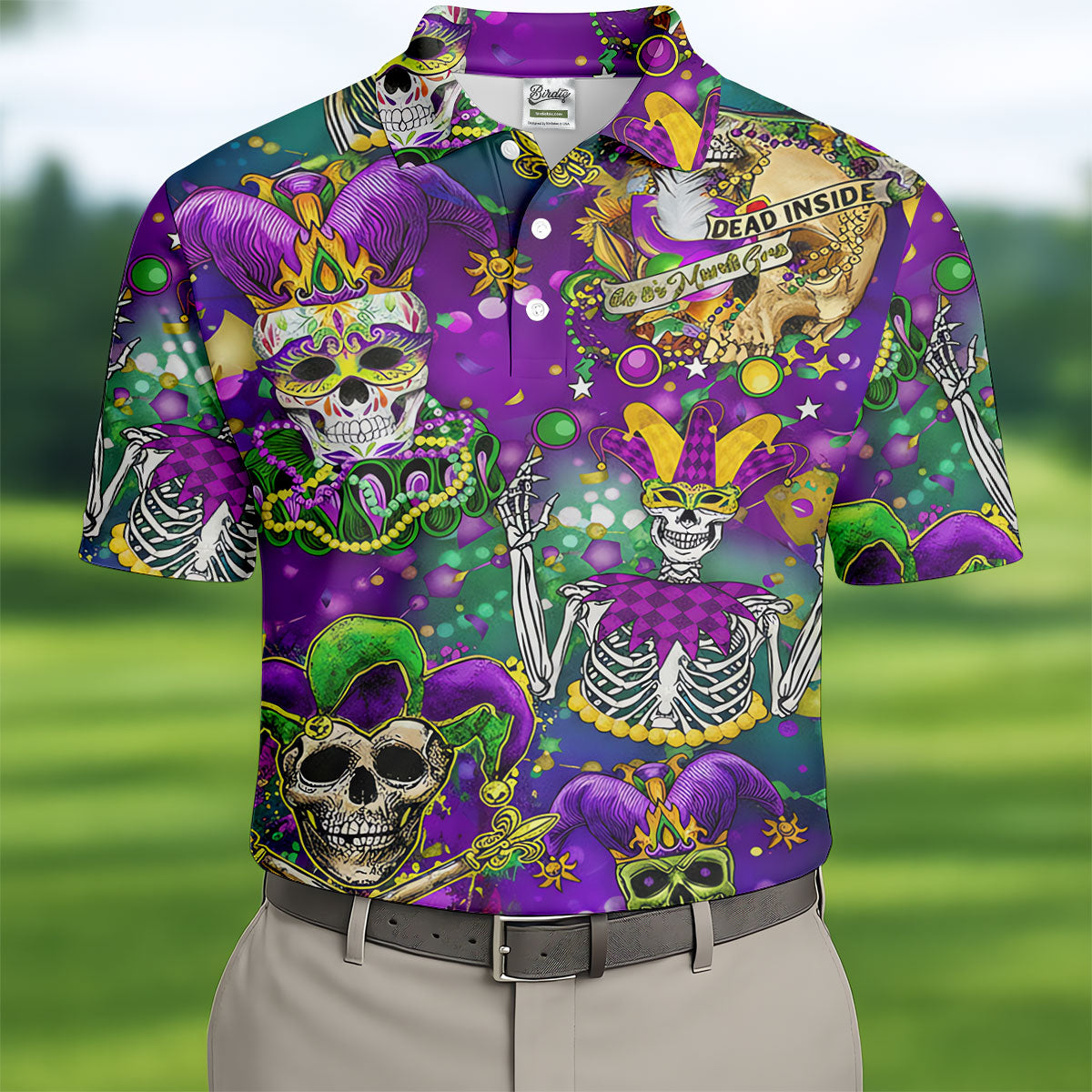 Dead Inside Mardi Gras Festival Skull Purple Green Gold Polo ShirtFor Men, Golf Shirts For Men