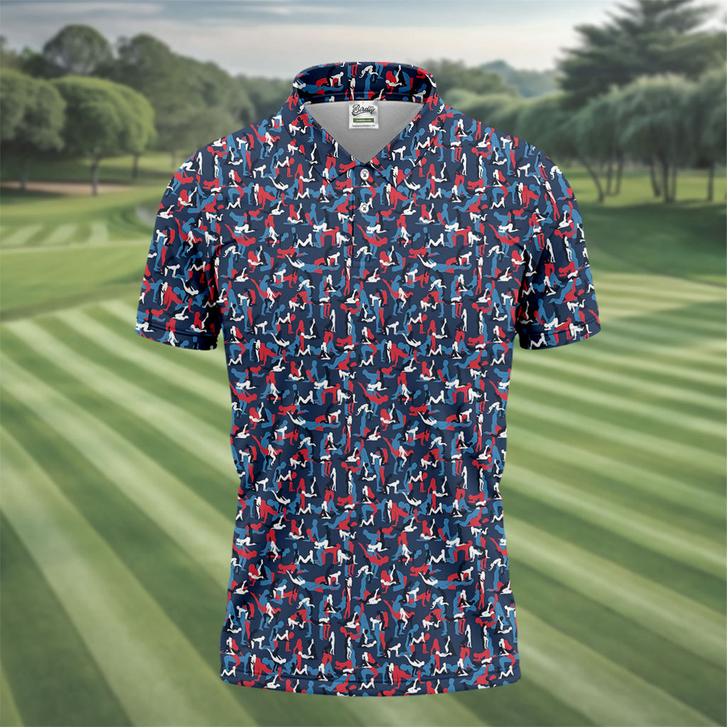 Naughty Position Dirty Humor Red White Blue 250th Anniversary Fun Golf Shirts For Men, Valentines Golf Gift