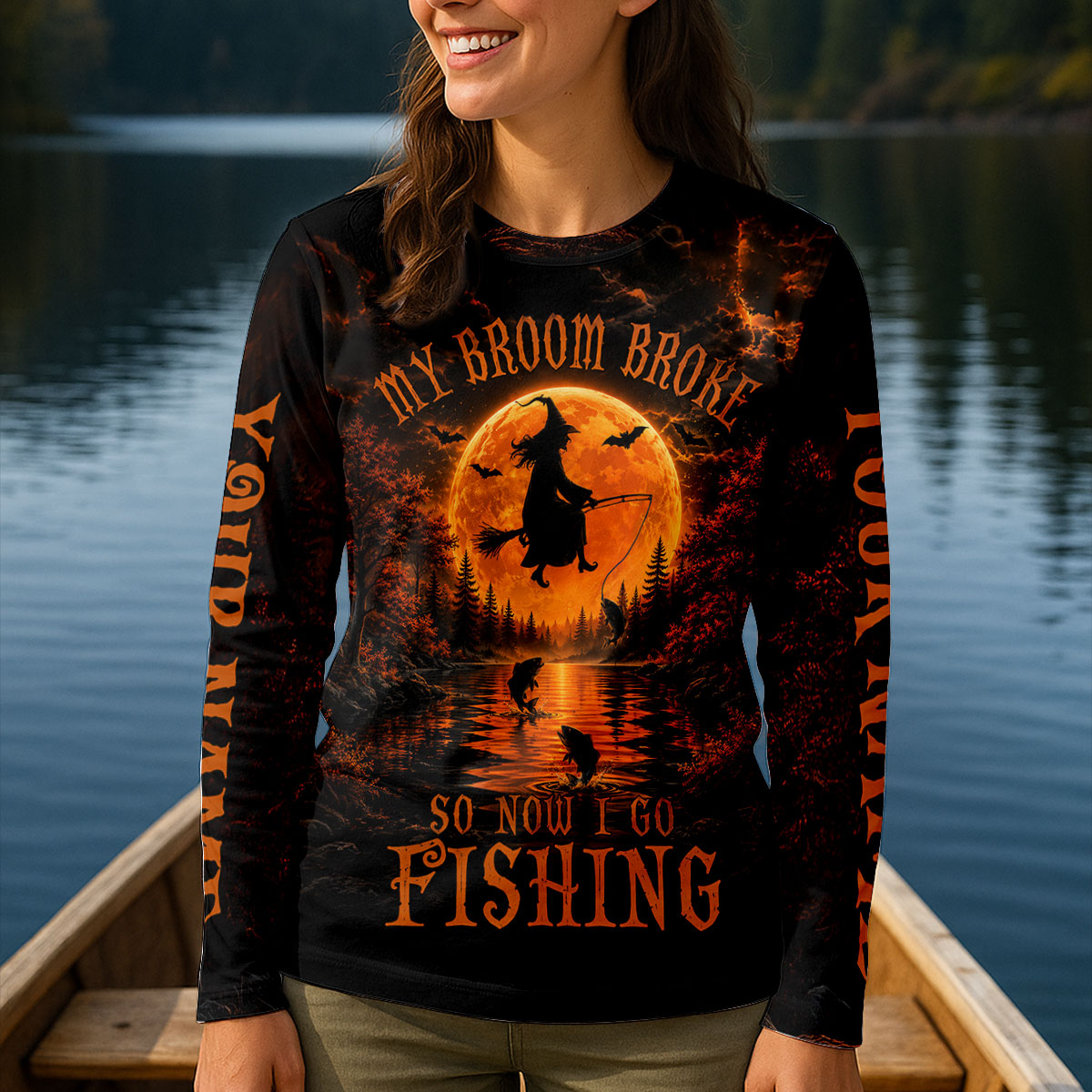 My Broom Broke So Now I Go Fishing UPF Shirt, Womens Fishing Shirt, Halloween Fishing Shirt