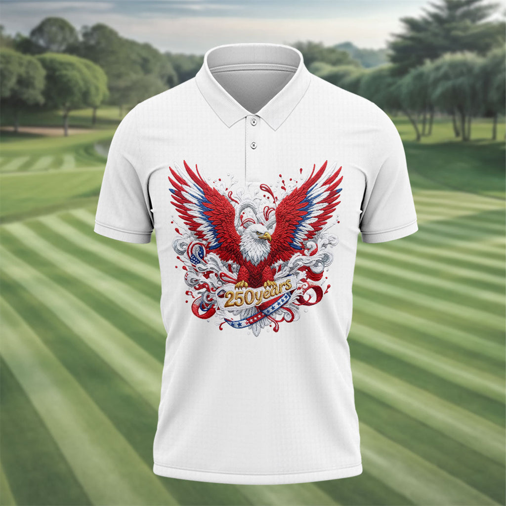 US Bald Eagle Embroidery Effect Patriotic Golf Shirt, 4th Of July Golf Shirt, 250th Anniversary Polo Shirts For Men
