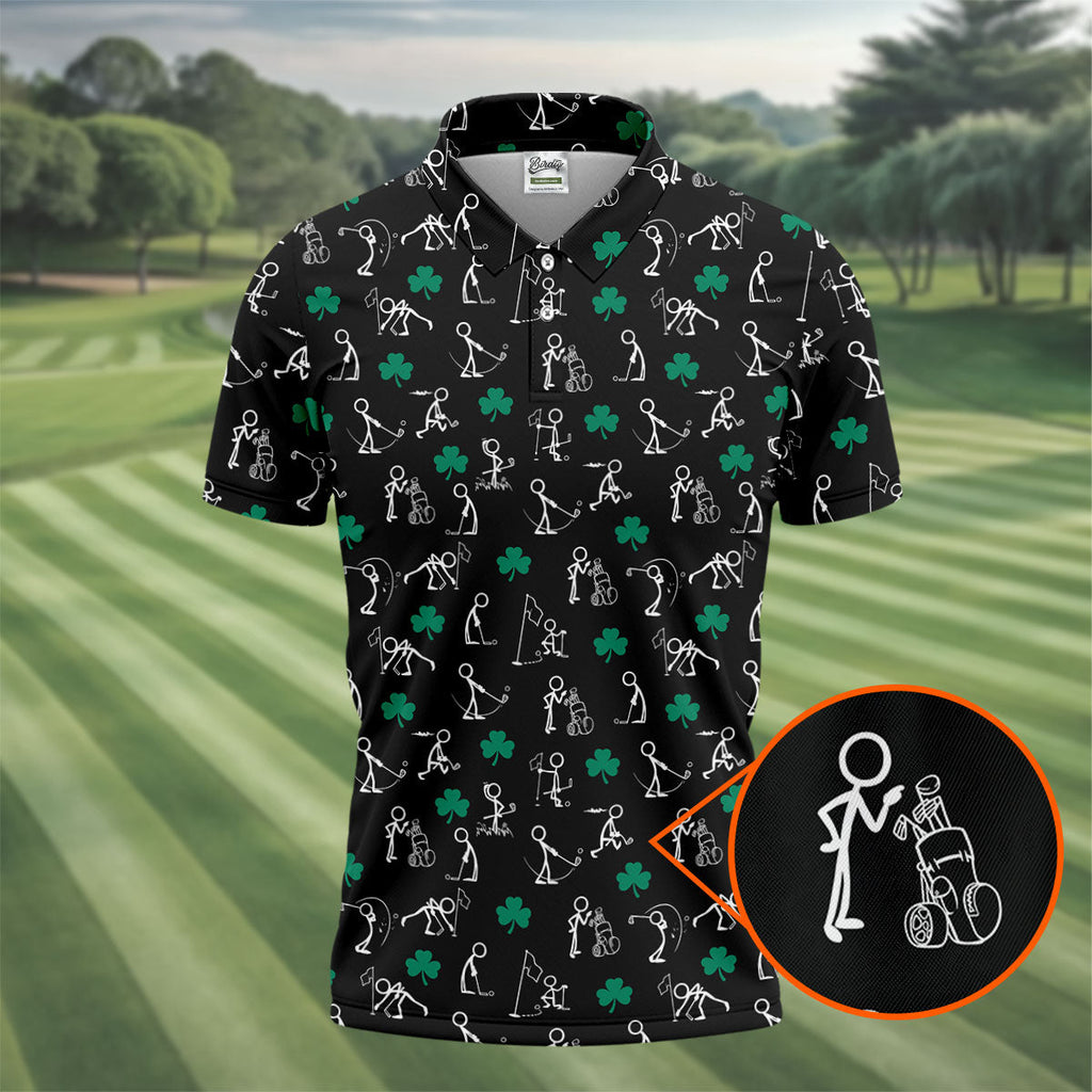 Stick Figure Golf Pose St Patrick's Day Shamrock Black Golf Shirt, Polo Shirts For Men, Golf Shirts For Men