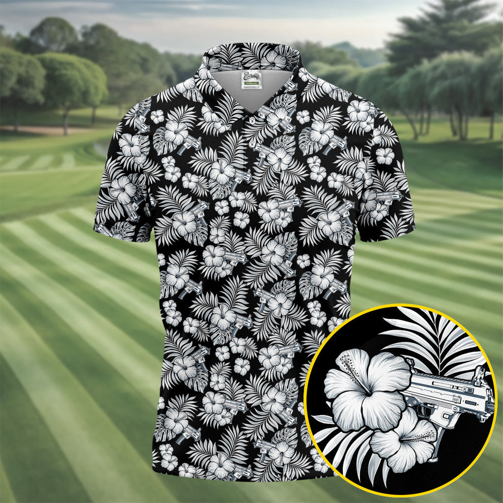 Black And White Pattern Tropical Hawaiian Golf Shirt, Summer Theme Golf Shirts For Men