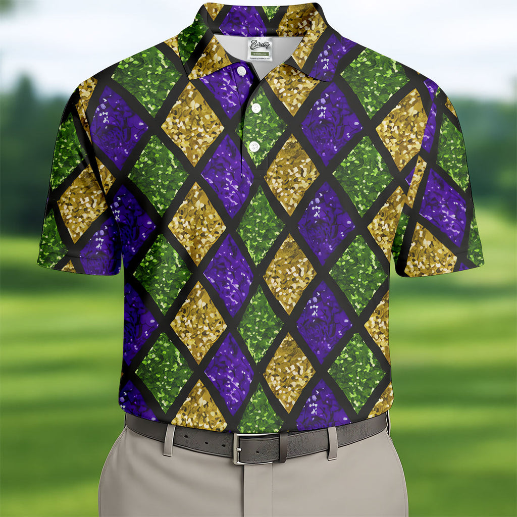 Green Purple Gold Argyle Pattern Sparkling Effect Mardi Gras Golf Shirt, Polo Shirts For Men, Golf Shirts For Men