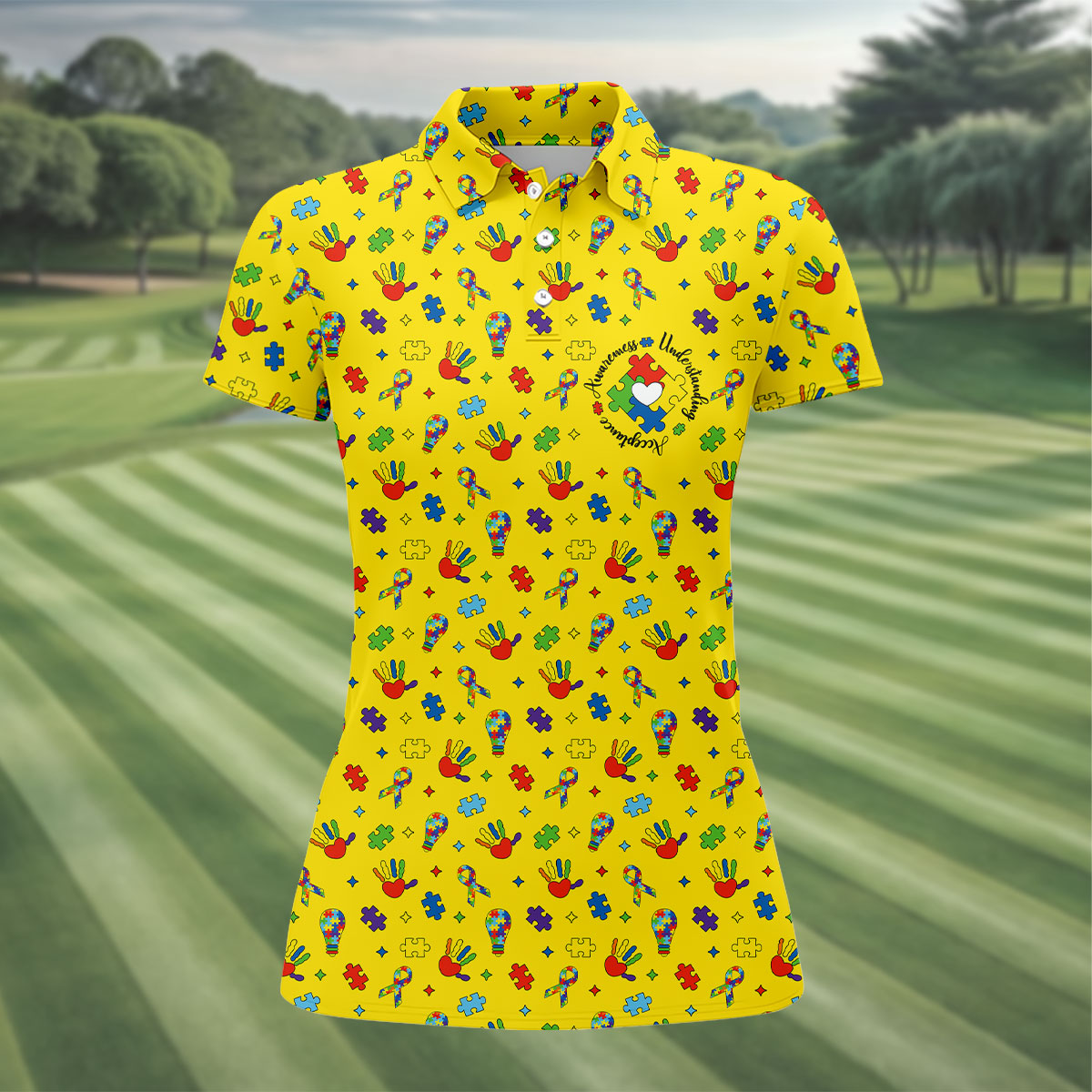 Awareness Understanding Acceptance Autism Ribbon Yellow Golf Shirt, Autism Awareness Colors Women's Golf Tops