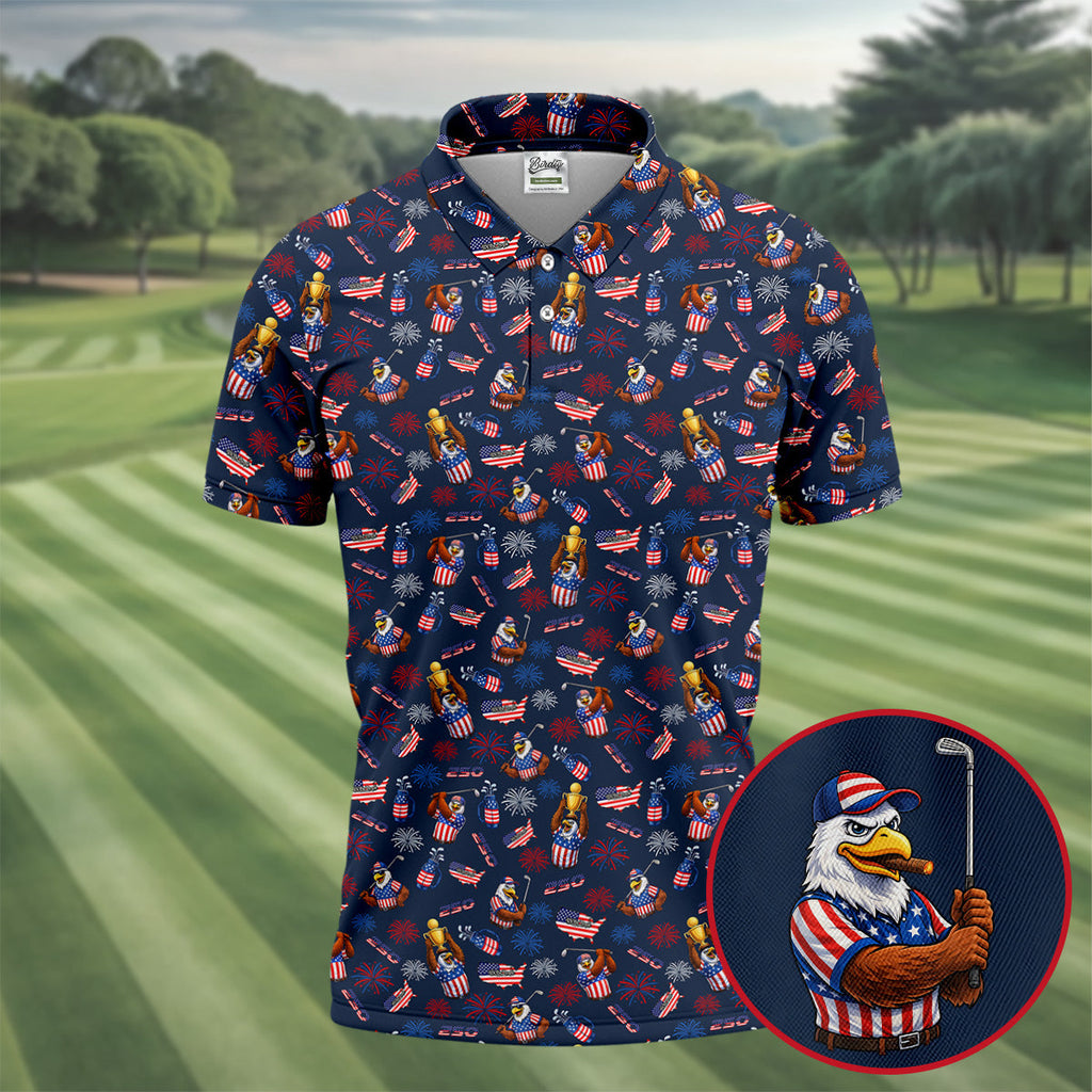 Patriotic Bald Eagle 250 Celebration Golf Tops For Men, 4th Of July Golf Shirts For Men, Men's Golf Polo