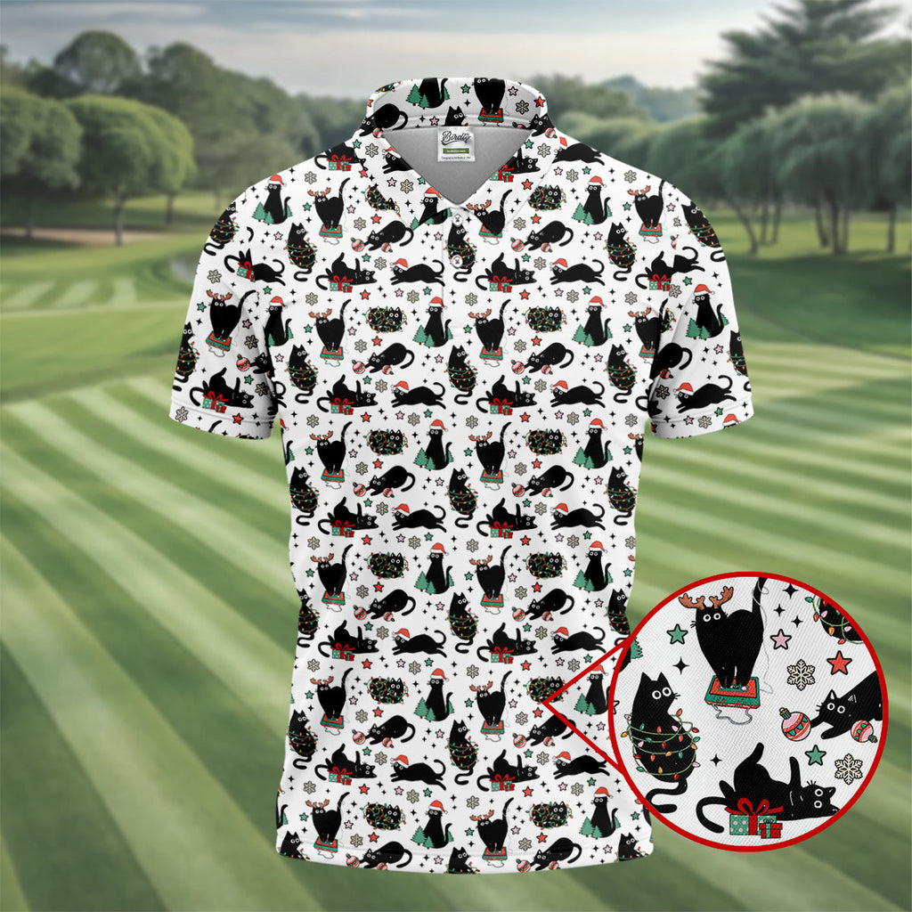 Xmas Black Cat Polo Shirts For Men, Christmas Golf Shirt, Golf Gift For Men, Christmas Golf Shirt