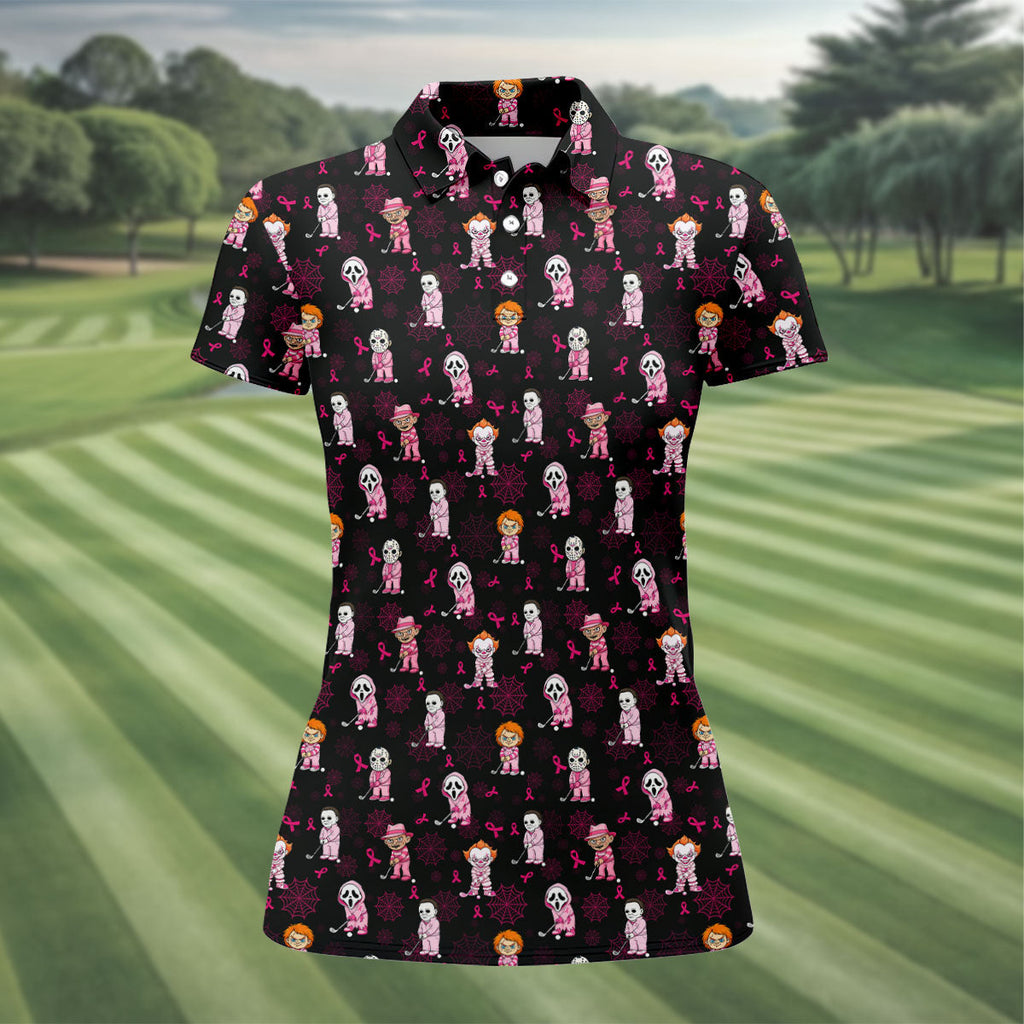 Black Halloween Horror Breast Cancer Polo Shirt, Women's Golf Polo, Golf Tops For Women