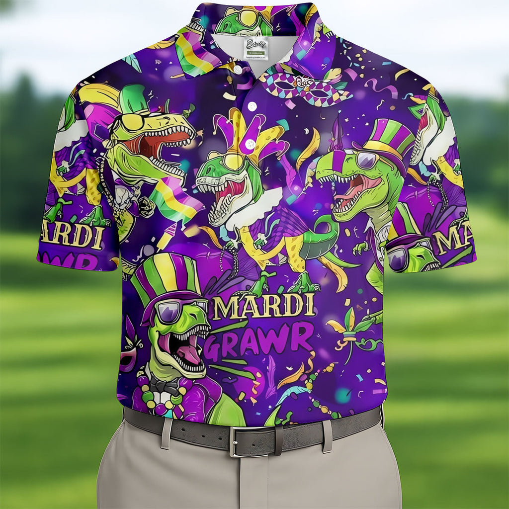 Mardi Grawr Purple Green Gold Funny Dinosaur Mardi Gras Golf Shirt, Golf Shirts For Men, Polo Shirts For Men