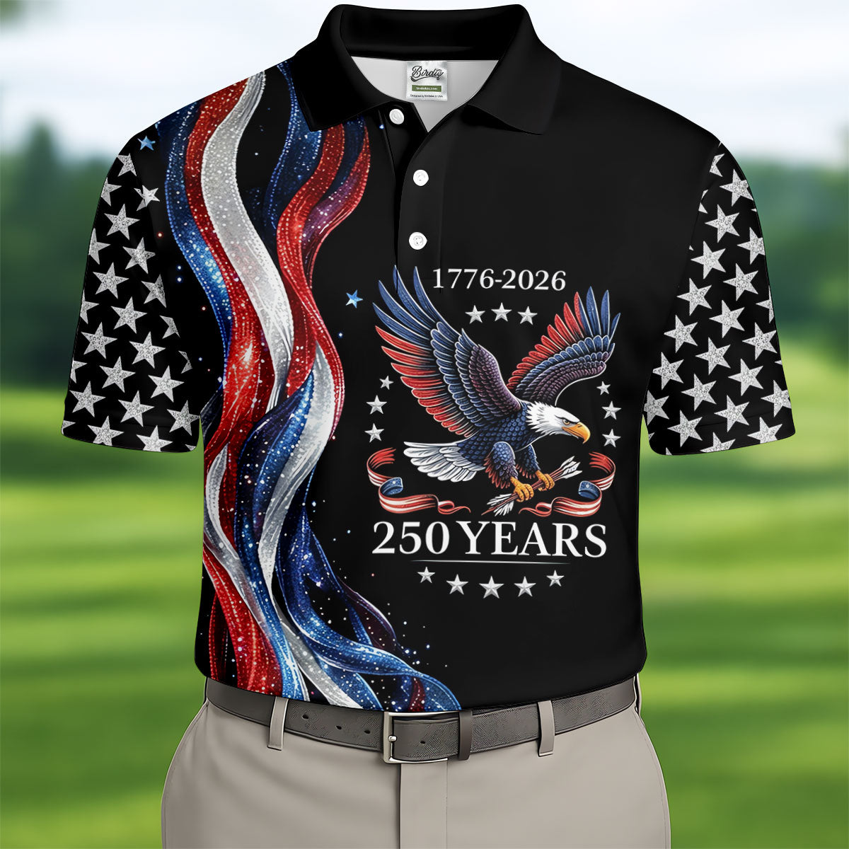 Bald Eagle Red White Blue Wavy Stripes Patriotic Golf Shirt, 250 Years 4th Of July Golf Shirts For Men