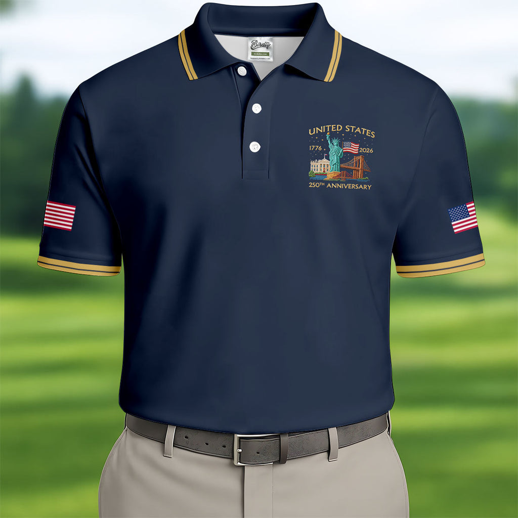 America 1776-2026 Patriotic Golf Polo Shirt, US 250th Anniversary 4th Of July Golf Shirts For Men